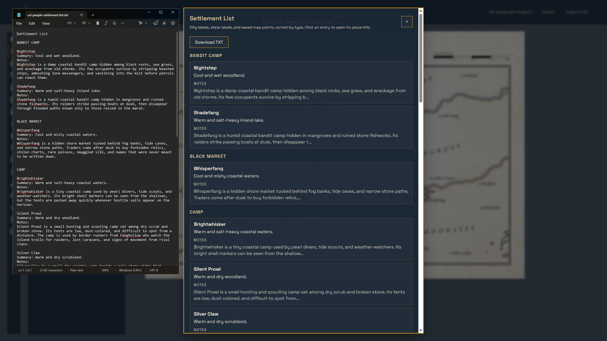 Nova Terra settlement list panel